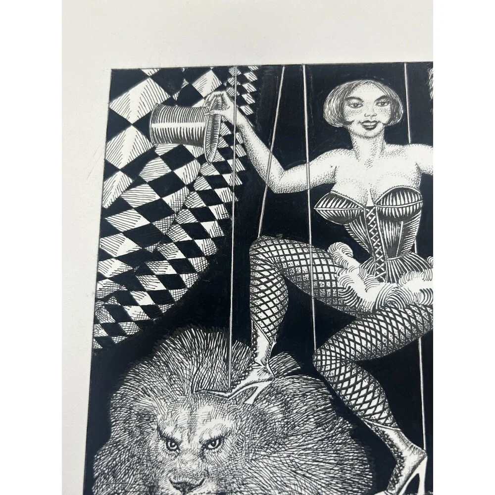 Original Alexander Valdman 2002 Pen & Ink Drawing - Puppet Master Woman on Lion